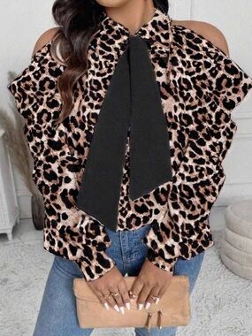 SHEIN Leopard Cold-Shoulder Blouse with Black Neck Tie